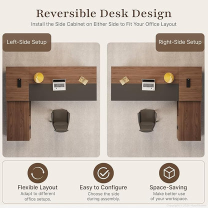 63" Reversible L-Shaped Executive Desk with Locking Drawers, Compact Office Desk for Home & Manager Office, Power Outlet, USB Ports, Storage Shelves, Privacy Panel & LED Light, Walnut Gray