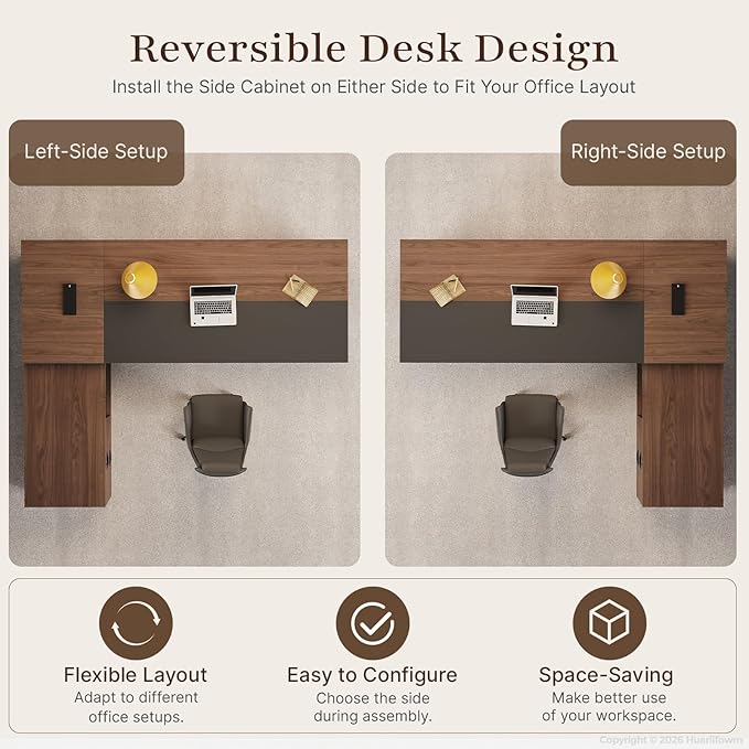 95" Reversible L-Shaped Executive Desk with Locking Drawers, Large Office Desk for CEO and Manager Office, Power Outlet, USB Ports, Storage Shelves, Privacy Panel and LED Light, Walnut Gray