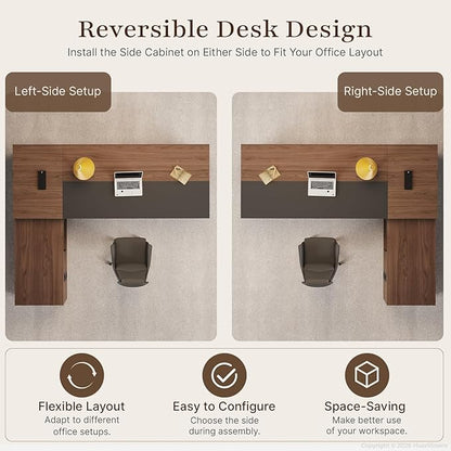 95" Reversible L-Shaped Executive Desk with Locking Drawers, Large Office Desk for CEO and Manager Office, Power Outlet, USB Ports, Storage Shelves, Privacy Panel and LED Light, Walnut Gray