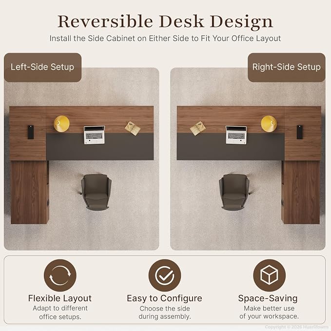 79" Reversible L-Shaped Executive Desk with Locking Drawers, Large Office Desk for Manager Office, Power Outlet, USB Ports, Storage Shelves, Privacy Panel and LED Light, Walnut Gray