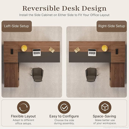 79" Reversible L-Shaped Executive Desk with Locking Drawers, Large Office Desk for Manager Office, Power Outlet, USB Ports, Storage Shelves, Privacy Panel and LED Light, Walnut Gray