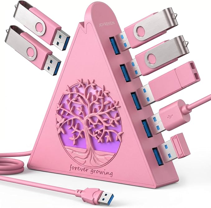 7-Port USB 3.0 Hub, RGB USB Hub with RGB Tree Light and 2ft Cable, USB Hub 3.0 Pink USB Expander for Laptop, PC, Flash Drive, HDD, Console, Printer, Keyboard, Mouse (Pink)