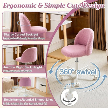 VINGLI Candy Chair Armless Cute Desk Chair,Comfy Small Office Chair with Wheels,Vanity Chair Lumbar Support,Teddy Adjustable Rolling Swivel Computer Task Chair for Home Office,Bedroom,Lilac Purple
