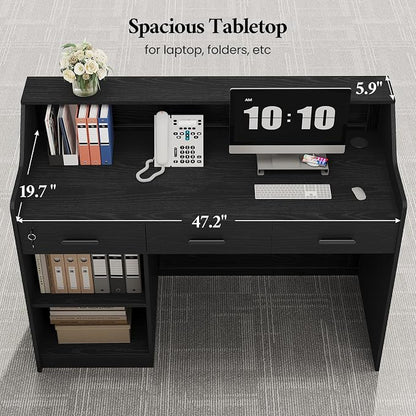 Reception Desk with Counter, Front Desk with 3 Drawers and Storage Cabinet, 47 inch Modern Retail Counter with Cable Grommet for Checkout, Barber, Beauty Salon, Home Office