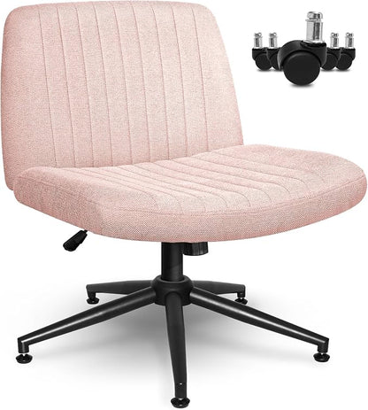 Orange Factory Criss Cross Chair Wheels Wide Cross Legged Office Desk Vanity Dual Base Comfy Fabric Armless Adjustable Swivel for Home Computer Task (Pink Dual Base, Fabric)