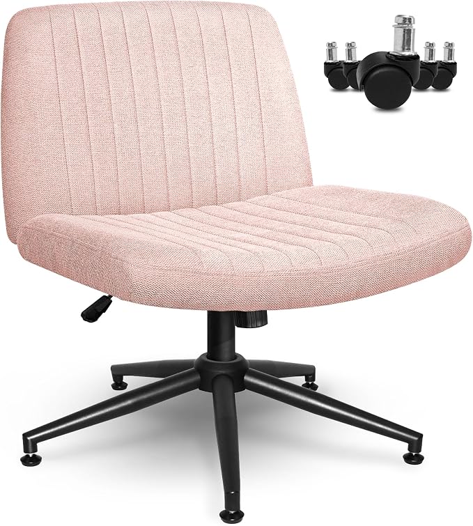 NEO CHAIR Criss Cross Chair with Wheels Armless Cross Legged Office Desk Wide Comfy Vanity Makeup Chair Adjustable Swivel Rolling Computer for Home Office Fabric (Pink)
