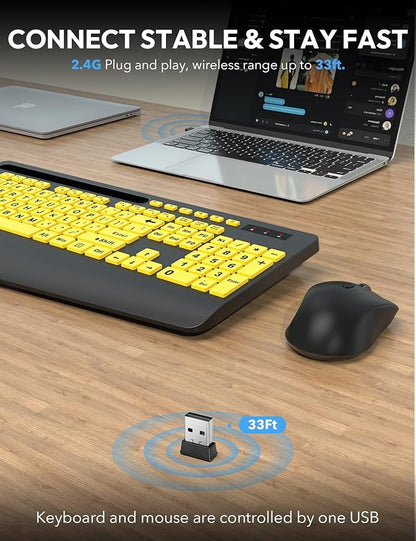 SABLUTE Wireless Keyboard and Mouse, Wrist Rest, Large Print, Phone Holder, 2.4G Ergonomic Keyboards Mouse Combo, KM23D Silent High Contrast Set for Low Vision and the Elderly, Battery Powered