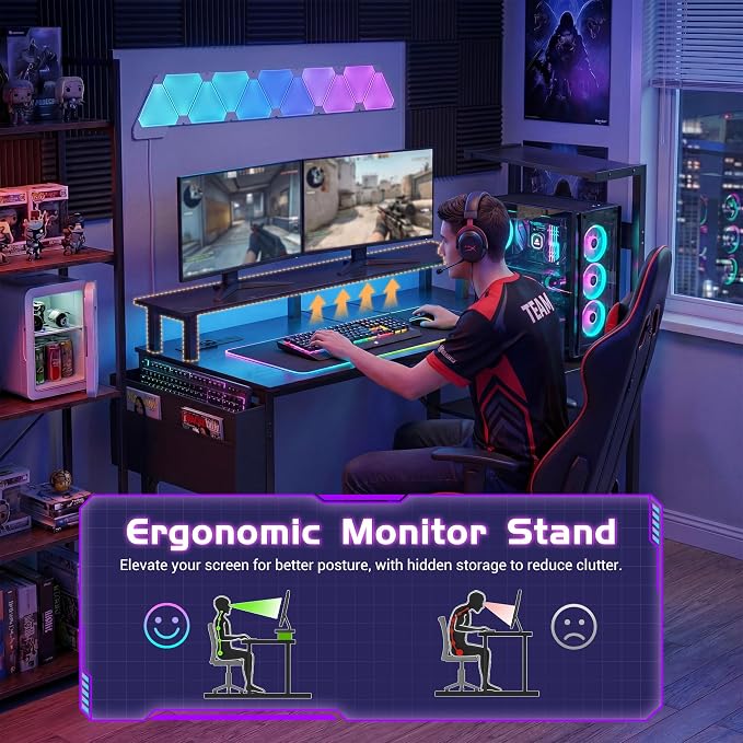 Apicizon 54 Inch Gaming Desk with LED Setup Style, Large Computer Desk with Storage Shelves & Dual Monitor Stand, Reversible Workstation for Small Space, Home Office Desk with Side Pocket