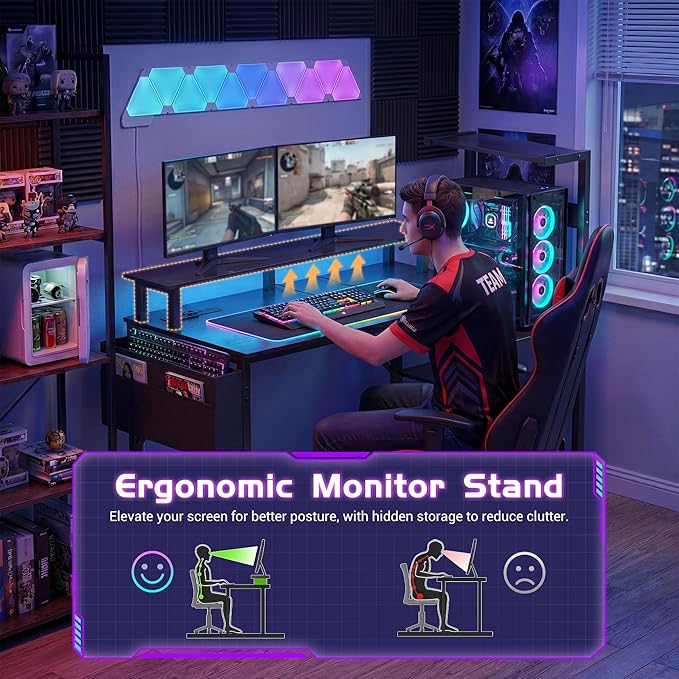 Apicizon 47 Inch Gaming Desk with LED Setup Style, Computer Desk with Storage Shelves & Monitor Stand, Reversible Workstation for Small Space, Home Office Desk with Side Pocket