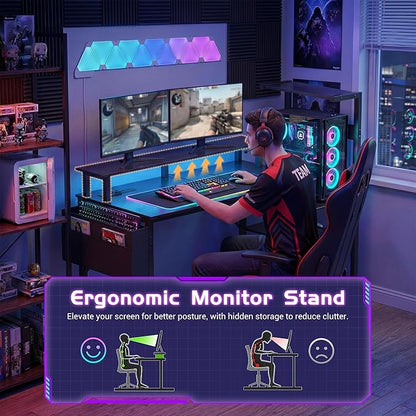Apicizon 47 Inch Gaming Desk with LED Setup Style, Computer Desk with Storage Shelves & Monitor Stand, Reversible Workstation for Small Space, Home Office Desk with Side Pocket