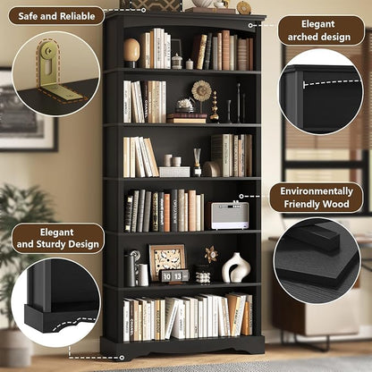 TVU 6-Tier Wooden Bookshelf, 76 Inch Tall Bookshelf with Storage, Floor Standing Modern Style Display Bookcase for Living Room, Office, Study Room, Entryway, Black