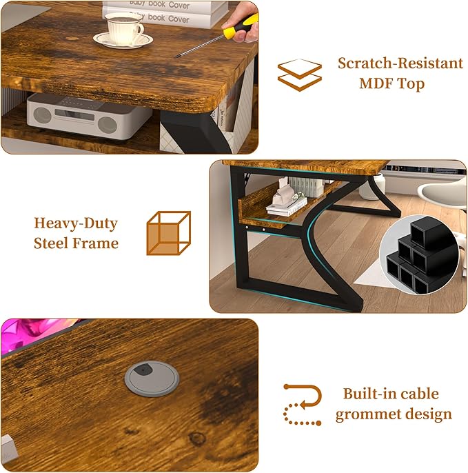 47'' Computer Desk Home Office Desk, Modern Computer Desk w/U Shaped Metal Frame, Storage Shelves, PC Table Study Writing Desk Workstation for Home Office (47inch/Brown)