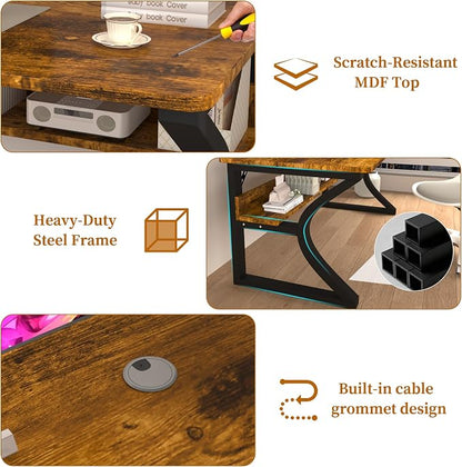 47 inch Computer Desk, Home Office Desk with Storage Shelf, Sturdy U-Shaped Metal Frame Study Table with Cable Management, Gaming Desk for Office & Bedroom (Rustic Brown, 47inch)