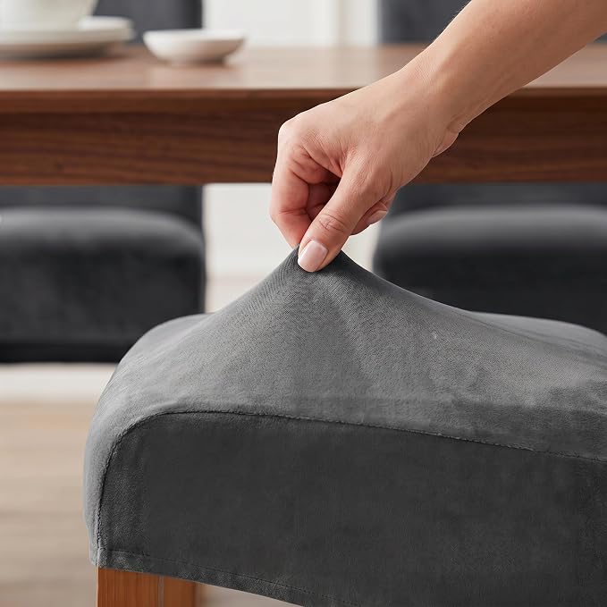 Deisy Dee Stretch XL/Oversized Extra Large Velvet Dining Room Chair Covers for Kitchen Dining，Removable Washable Chair Protectors Slipcovers (Grey, 4)
