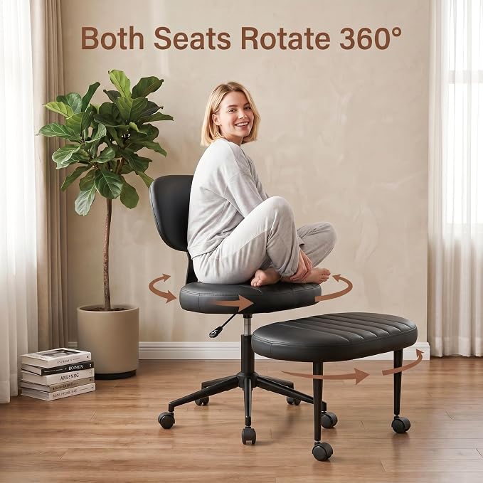 Cross Legged Office Chair with Wheels, 360 Swivel Height-Adjustable Meditation Chair with Lumbar Support, PU Leather, Black
