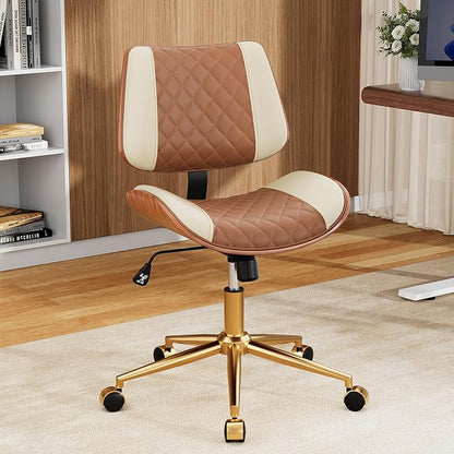 Home Office Desk Chair with Swivel Wheels, Modern PU Leather Armless Office Chair, Small Mid Back Computer Chair for Home Office, Reading Meeting Room (Brown and Beige, Gold Wheels)