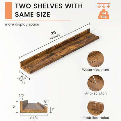 FLYJOE Picture Ledge Shelf, Floating Shelves Set of 2, 30 Inches Nursery Book Shelves for Toys Storage, Kids Bookshelf Wall Mounted for Living Room Bedroom Decor Books Photo Frames, Rustic Brown