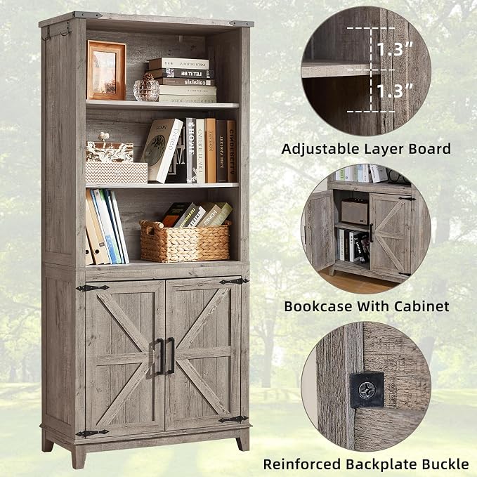 Joaxswe 5 Tier Bookshelf 70in Tall Bookcase with Barn Doors and Storage Cabinet, Grey Farmhouse Book Shelf with Adjustable Shelves, Wood Freestanding Display Bookshelves for Bedroom, Kitchen (3 PCS)