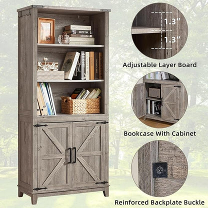 Joaxswe 5 Tier Bookshelf 70in Tall Bookcase with Barn Doors and Storage Cabinet, Grey Farmhouse Book Shelf with Adjustable Shelves, Wood Freestanding Display Bookshelves for Bedroom, Kitchen (3 PCS)