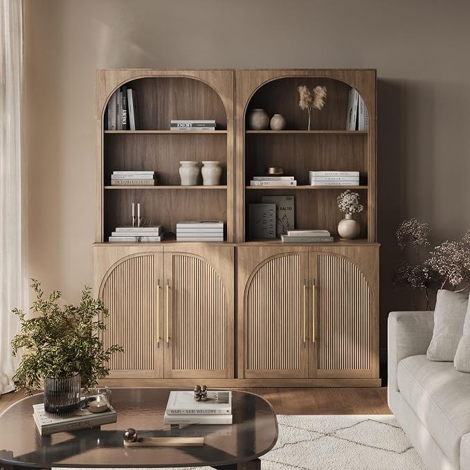 BELLEZE Set of 2 Tall Arched Storage Cabinet with Hutch, Freestanding Display Shelf with Fluted Design, Wood Highboard for Living Room and Home Office, Camel