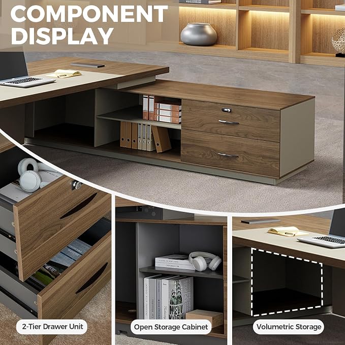 L Shape Executive Desk with Reversible Drawer Cabinet, Lockable Storage & Cable Box, Large Modern Office Desk for CEO or Home Workspace (Black Walnut+Khaki, 95" L*71" W*30" H)