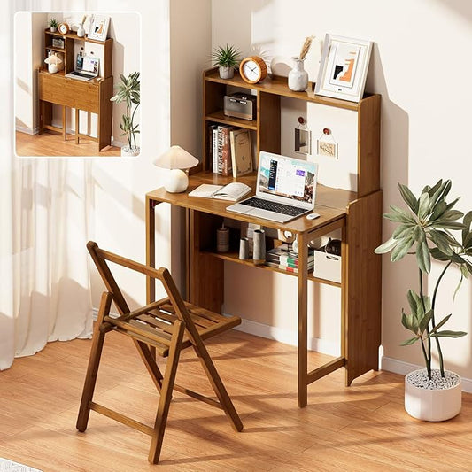 Bamboo Folding Desk with Bookshelf, Compact Computer Desk with Hutch for Small Spaces, Foldable Desk with Storage Shelf, Space-Saving Home Office Desk for Bedroom, Dorm, Apartment,Brown
