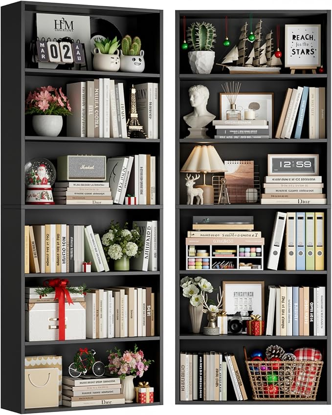 FOTOSOK 6-Tier Open Bookcase and Bookshelf, Freestanding Display Storage Shelves Tall Bookcase for Bedroom, Living Room and Office, Black Set of 2