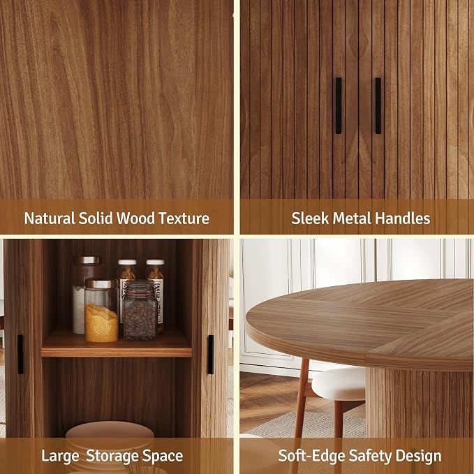 47 inch Round Dining Table for 4-6, Dinner Table with 2-Layer Storage Shelf, Morden Circle Kitchen Table with Wooden Strip Base and Wood Slide Door for Home Dining Room, Living Room, Chestnut