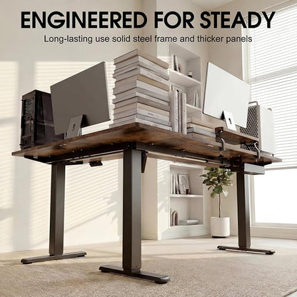 Furmax 63 x 47 Inch L Shaped Standing Desk with 2 Preset Heights, Electric Height Adjustable Computer Desk, Corner Sit Stand Desk for Home Office, 2 Hooks & Feet Balance (Rustic Brown, 63 x 47 Inch)