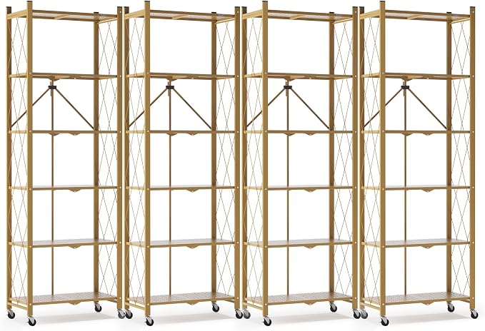 ALANNG 73.6 Inch Folding Bookshelf, 6 Tier Metal Bookcase and Bookshelves, Tall Shelves for Living Room Office Bedroom, Heavy Duty Book Shelve Free Standing Open (Gold, 4PACK)