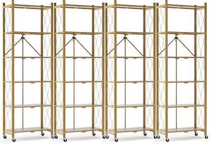 ALANNG 73.6 Inch Folding Bookshelf, 6 Tier Metal Bookcase and Bookshelves, Tall Shelves for Living Room Office Bedroom, Heavy Duty Book Shelve Free Standing Open (Gold, 4PACK)
