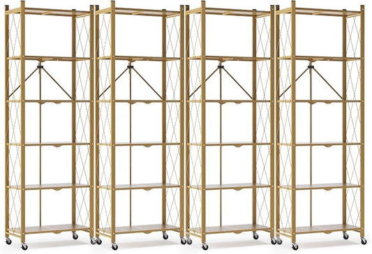 ALANNG 73.6 Inch Folding Bookshelf, 6 Tier Metal Bookcase and Bookshelves, Tall Shelves for Living Room Office Bedroom, Heavy Duty Book Shelve Free Standing Open (Gold, 4PACK)