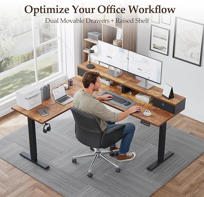 Klicelor L Shaped Electric Standing Desk 63 x 55.1 inch with Shelf, Height Adjustable Corner Desk, Sit Stand Desk with Storage Shelf, Home Office Computer Table, Rustic Brown
