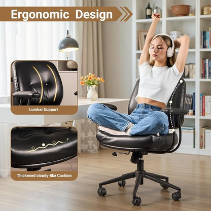Ergonomic Home Office Chair, Mid-Century Faux Leather Home Office Desk Chairs with Wheels, Office Computer Chair with Rocking Swivel (Black,PU Leather)