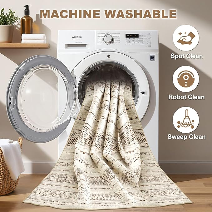 Nakagishi 10x14 Area Rugs Living Room: Washable Boho Large Neutral Modern Soft Farmhouse Rug Stain Resistant Indoor Non-Slip Accent Carpet for Bedroom Nursery Kids Playroom Office Dining Room- Brown