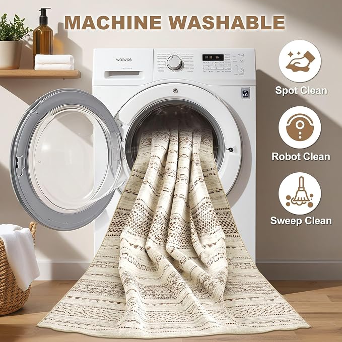 Nakagishi Round Rug Boho Area Rugs: 5x5 Washable Large Circle Neutral Soft Stain Resistant Non-Slip Carpet for Women Aged 25-45 Farmhouse Decor Enthusiasts - Living Room Bedroom Dining Room Nursery