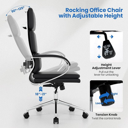 Giantex Ribbed Office Chair, High Back Ergonomic Desk Chair with Wheels & Rocking Function, Swivel Leather Desk Chair w/Arms & Removable Lumbar Support & Seat Cushions, Modern Executive Chair, Black