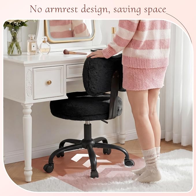 Homkdom Vanity Chair with Wheels, Cute Desk Chair with Bow Backrest, Fluffy Faux Rabbit Fur Small Office Chair for Vanity, Make-up Room, Bedroom, Dorm, Height Adjustable, Black