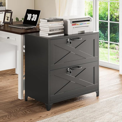 Farmhouse File Cabinet with Lock, Lateral File Cabinet with 2 Large Drawer for Letter/Legal/A4 Hanging Files,File Storage Cabinets Printer Stand for Home Office School, Black