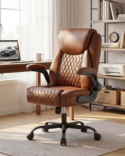 COMHOMA Mid-Back Office Chair, Ergonomic PU Desk Chair with Flip up Arms, Small Computer Gaming with Comfy Lumbar Support,Rocking Function,Sturdy Metal Base, Brown