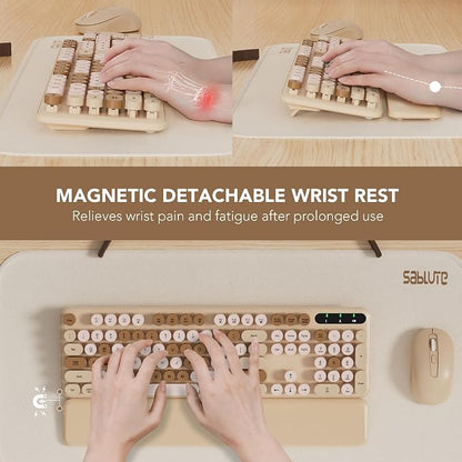 Wireless Keyboard and Mouse Combo, Round Keycaps, Full-Size Retro Typewriter Keyboard with Magnetic Wrist Rest, Tilt Legs, 2.4GHz Cordless for Mac, Windows PC, Laptop, SABLUTE CK23, Latte Beige