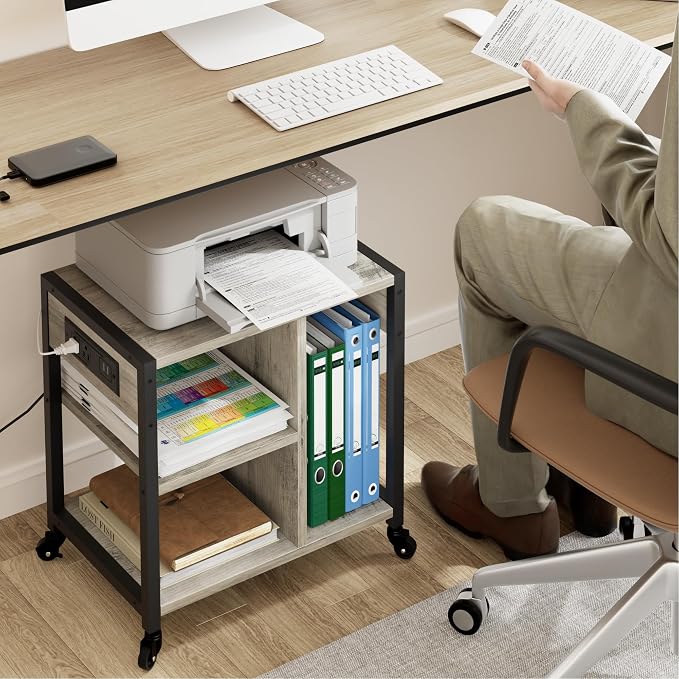 GarveeLife Small Printer Stand with Power Outlets, Rolling Printer Table with Lockable Wheels, Under Desk Printer Cart with Storage, Utility Storage Cart for Home, Office, Gray