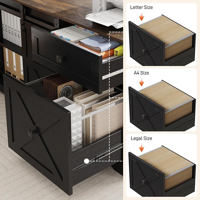 St.Mandyu 63" L Shaped Electric Standing Desk with File Drawer & Sliding Door, Height Adjustable Sit Stand Corner Computer Desk with Power Outlets, Drawers & Cup Holder for Home Office, Black