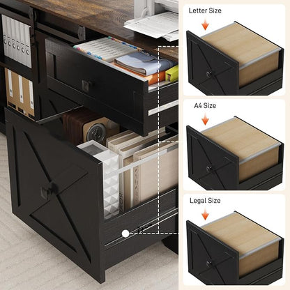 St.Mandyu 63" L Shaped Electric Standing Desk with File Drawer & Sliding Door, Height Adjustable Sit Stand Corner Computer Desk with Power Outlets, Drawers & Cup Holder for Home Office, Black