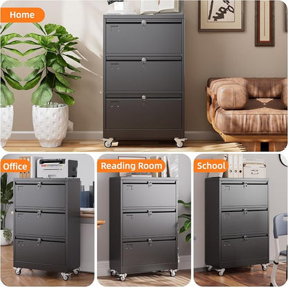 Aobabo 3 Drawer Lateral File Cabinet with Wheels, Lockable Metal Filing Cabinet for Home Office, Legal/Letter Size,Black,Required Assembled