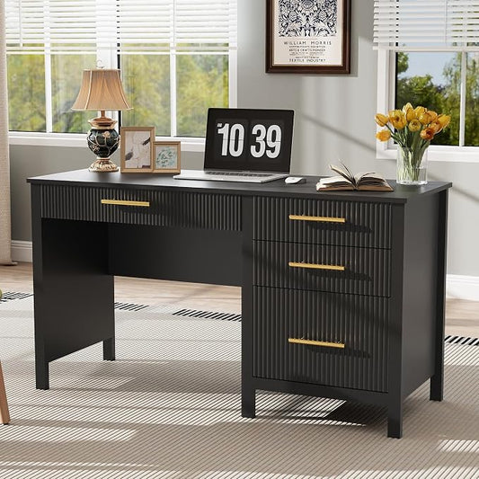 Modern Executive Desk with Drawers: 54 Inch Black Home Office Desks with File Drawer, Wood Fluted Desk with Storage, Writing Computer Desks with 4 Drawers