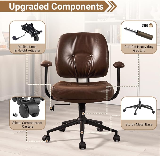 Ergonomic Home Office Chair, Mid-Century Faux Leather Home Office Desk Chairs with Wheels, Office Computer Chair with Rocking Swivel (Coffee,PU Leather)