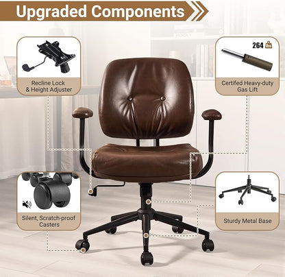 Ergonomic Home Office Chair, Mid-Century Faux Leather Home Office Desk Chairs with Wheels, Office Computer Chair with Rocking Swivel (Coffee,PU Leather)