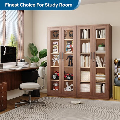 PEUKC Display Cabinet with Glass Doors, 71 Inches Metal Display Case with 4 Adjustable Shelves, Curio Storage Cabinet with Lock for Home, Office, Book, Pantry, Assemble Required (Wood Color)