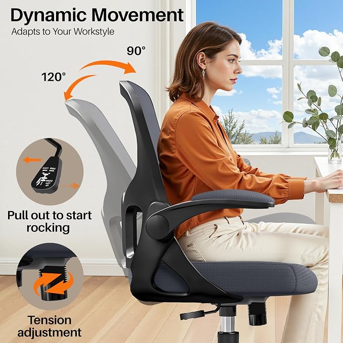 Office Chair Ergonomic Desk Chair, Adjustable Lumbar Support Rolling Swivel Comfy Chair with Space-Saving Flip Up Armrests, Mesh Gaming Chair for Business Work Office & Home, Dark Gray